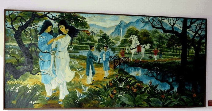 Bức tranh sơn dầu thể hiện cảnh chị em Thúy Kiều, Thúy Vân gặp Kim Trọng trong ngày Tết Thanh minh (ảnh sưu tầm) tham quan dinh độc lập