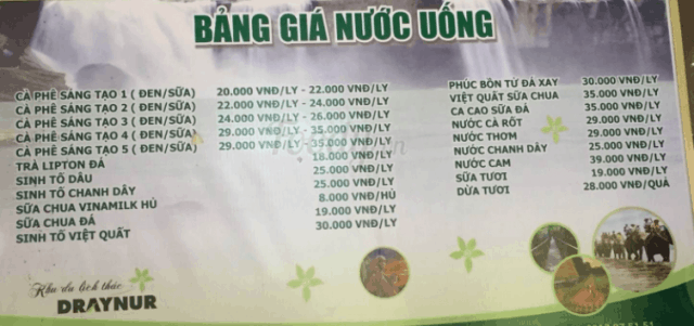 Bảng giá nước uống (Ảnh ST)