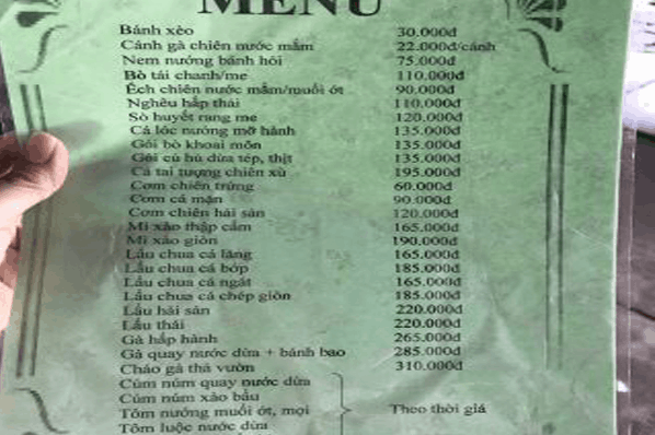 Menu món ăn tại khu du lịch Lan Vương - Bến Tre