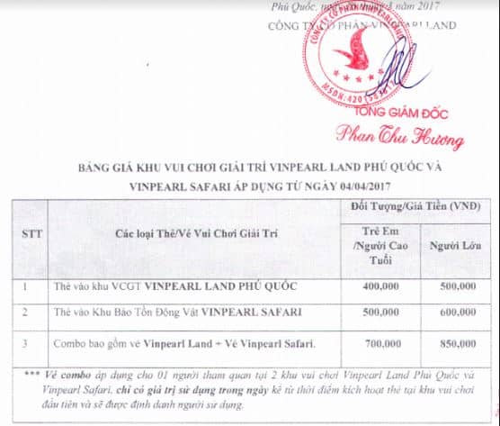Bảng giá vé Khu vui chơi giải trí và Khu bảo tồn động vật Vinpearl Phú Quốc Bảng giá vé Khu vui chơi giải trí và Khu bảo tồn động vật Vinpearl Phú Quốc