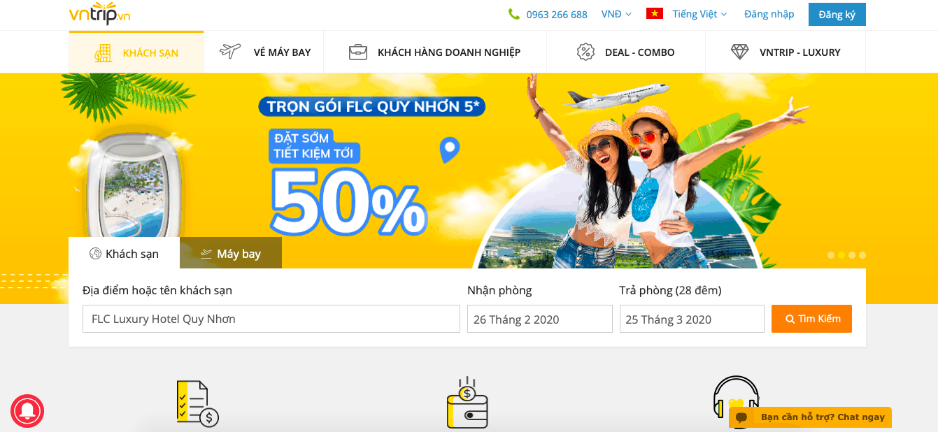 Hệ thống đặt phòng khách sạn Vntrip với giao diện đơn giản và dễ dàng sử dụng. 